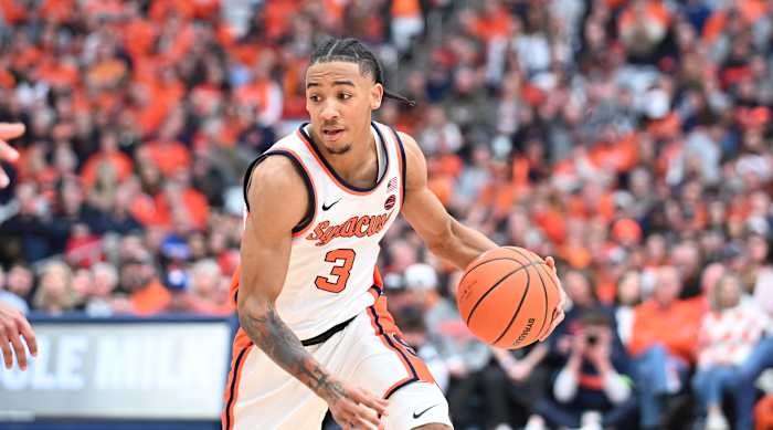 Syracuse Orange guard Judah Mintz (3) handles the ball in the second half against the Notre Dame Fighting Irish at the JMA Wireless Dome.